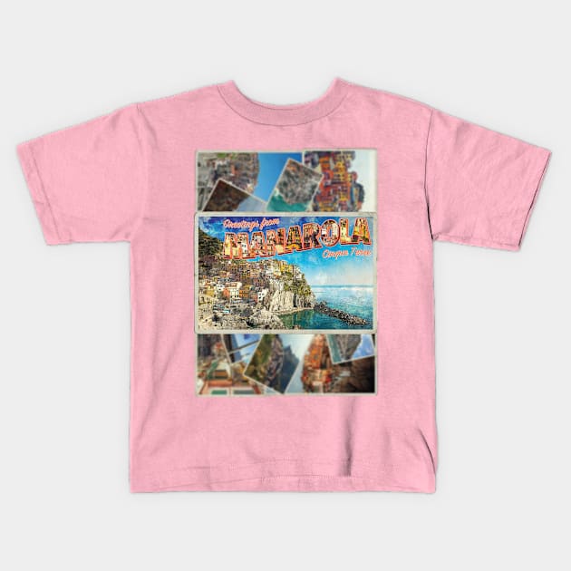 Greetings from Manarola Cinque Terre vintage style retro souvenir Kids T-Shirt by DesignerPropo